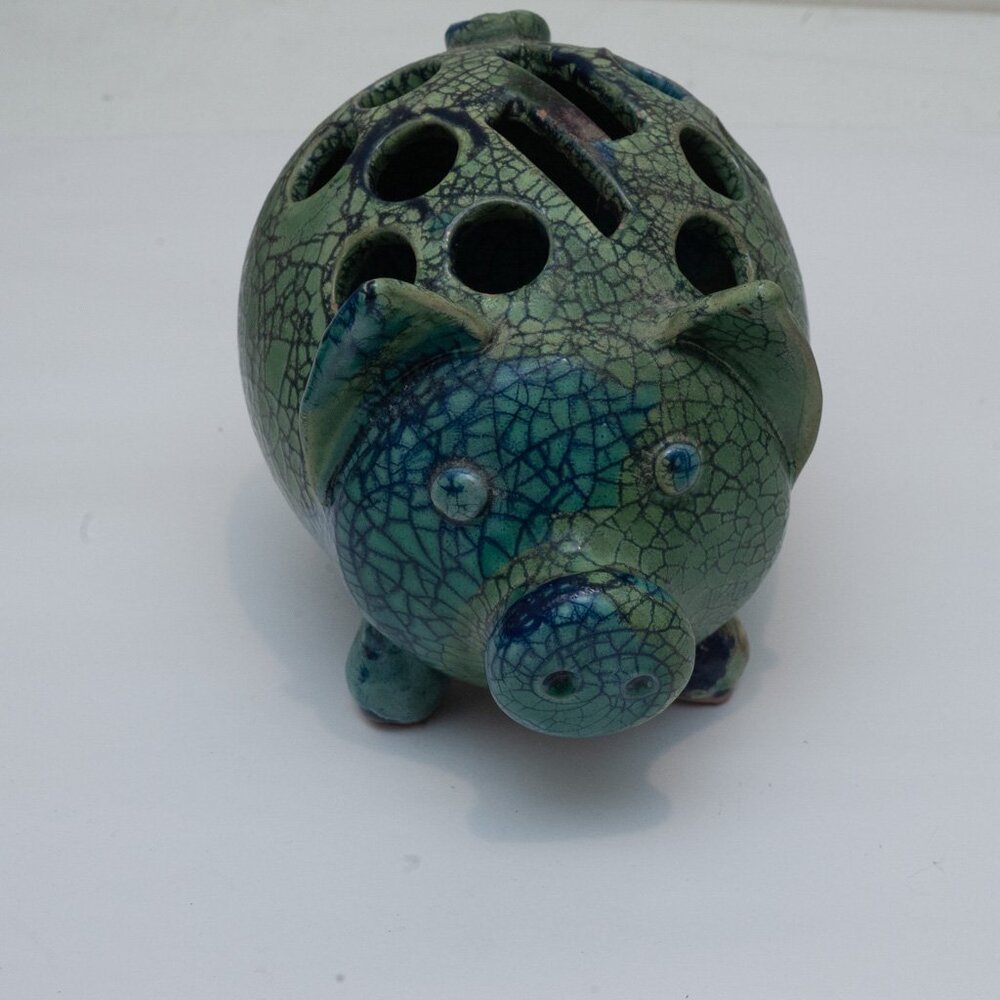 Ceramic Blue/Green Painted Pig Holder Storage for Office Kitchen Etc Supplies